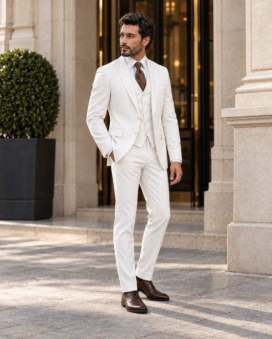 White wool father of the bride suit, three-quarter view