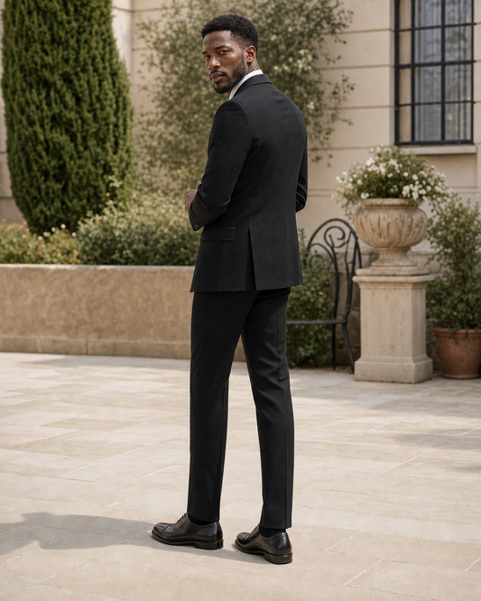 Black Seersucker Outdoor Wedding Suit — Custom Made to Measure side back view