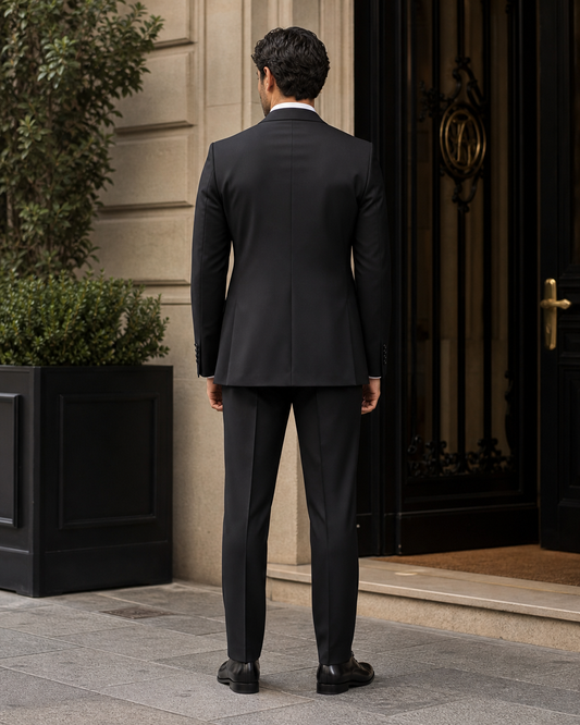 Black Silk Blend Peak Lapel Suit - Custom Made to Measure back view