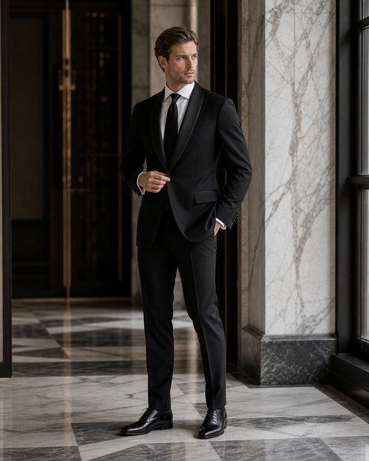 Black Silk Blend Shawl Lapel Suit - Custom Made to Measure side back view