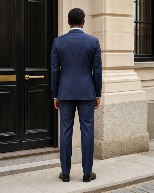 Blue Silk Blend Peak Lapel Suit - Custom Made to Measure back view