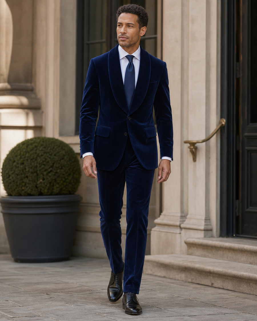 Blue Velvet Shawl Lapel Suit — Custom Made to Measure
