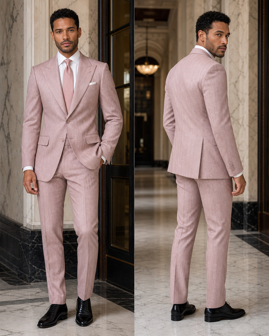 Blush Pink Herringbone Winter Suit - Custom Made to Measure side back view