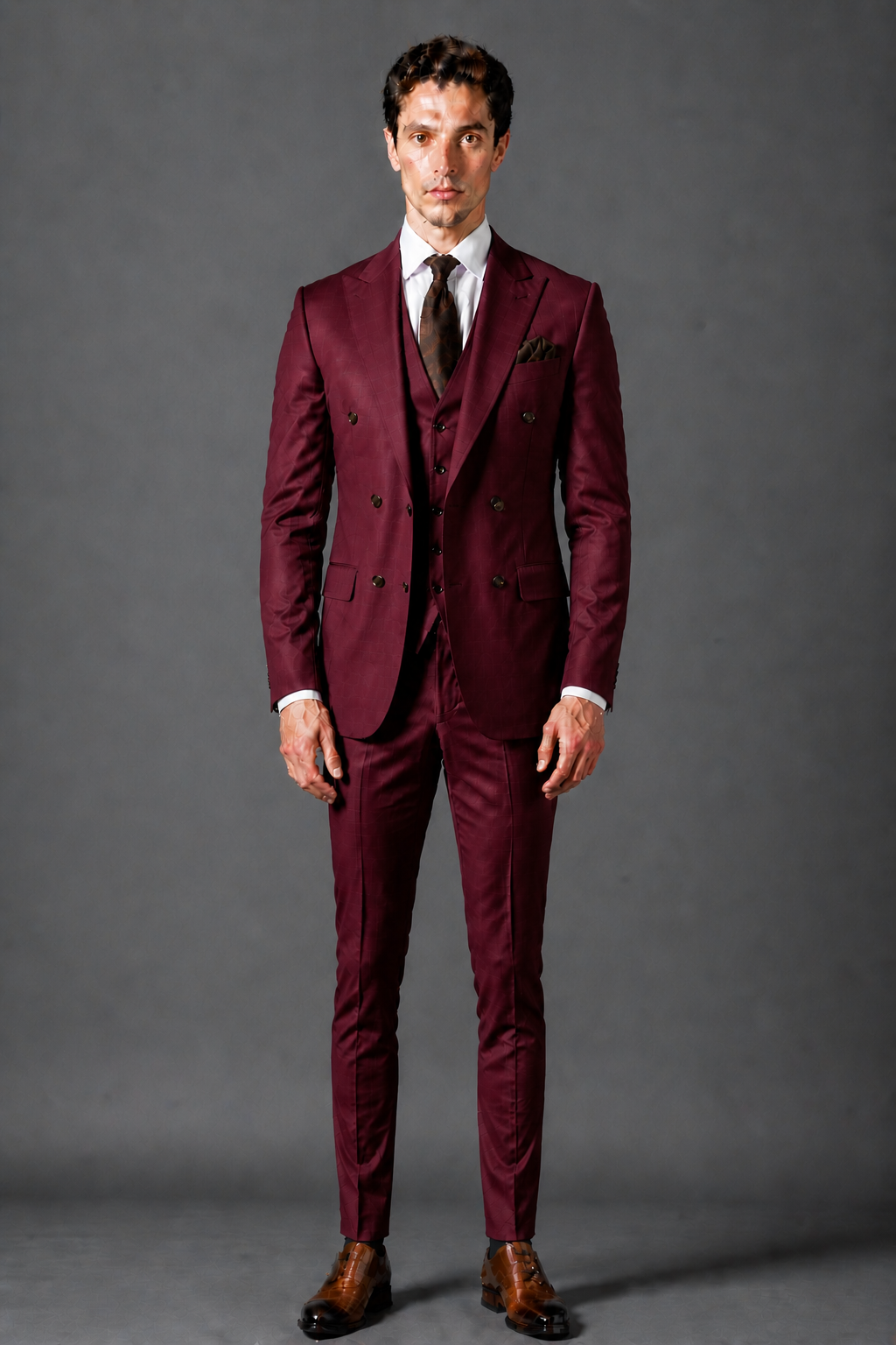 Burgundy Silk Blend Double Breasted Suit — Custom Made to Measure