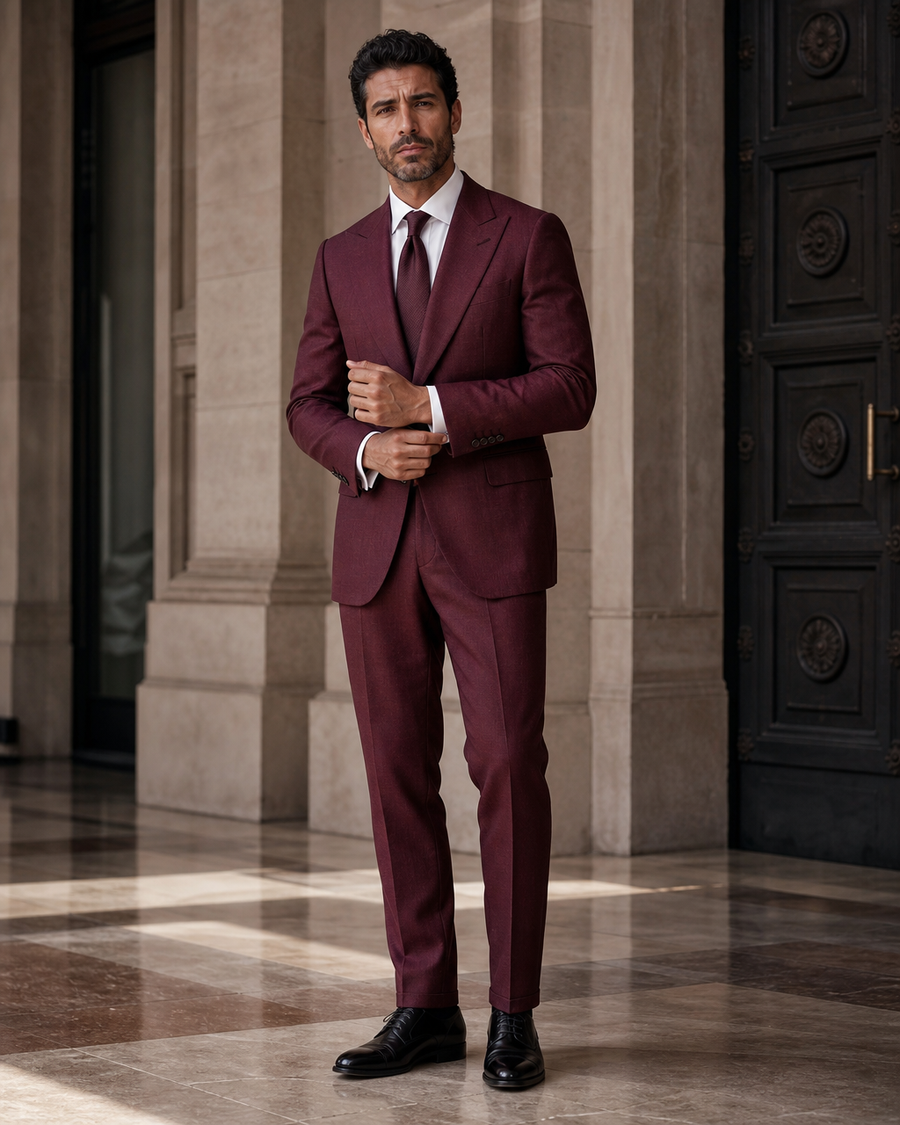 Burgundy Linen Outdoor Wedding Suit — Custom Made to Measure