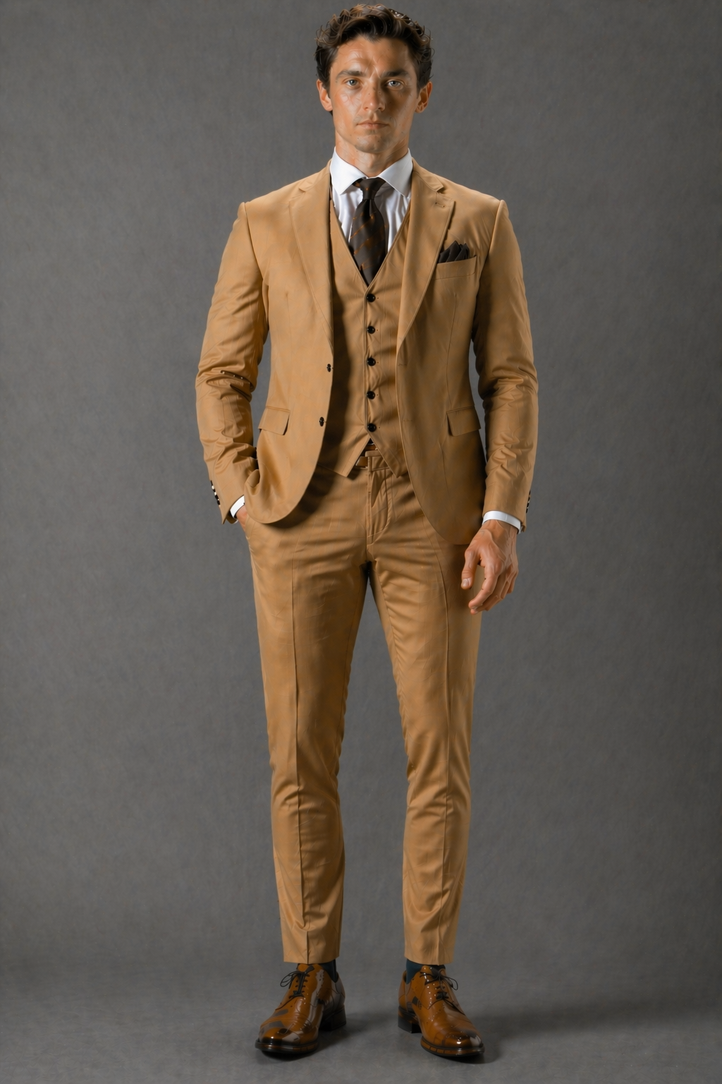 Camel Cotton Slim Fit Suit — Custom Made to Measure