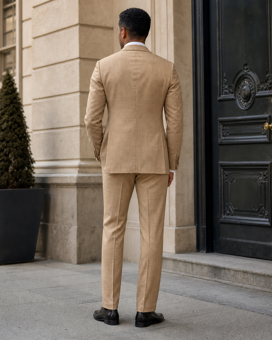 Camel Linen Peak Lapel Suit - Custom Made to Measure back view