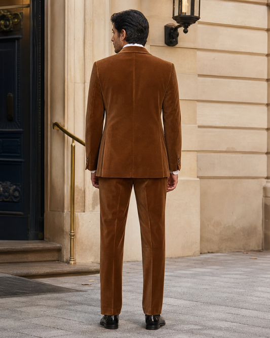 Caramel Velvet Shawl Lapel Suit - Custom Made to Measure back view