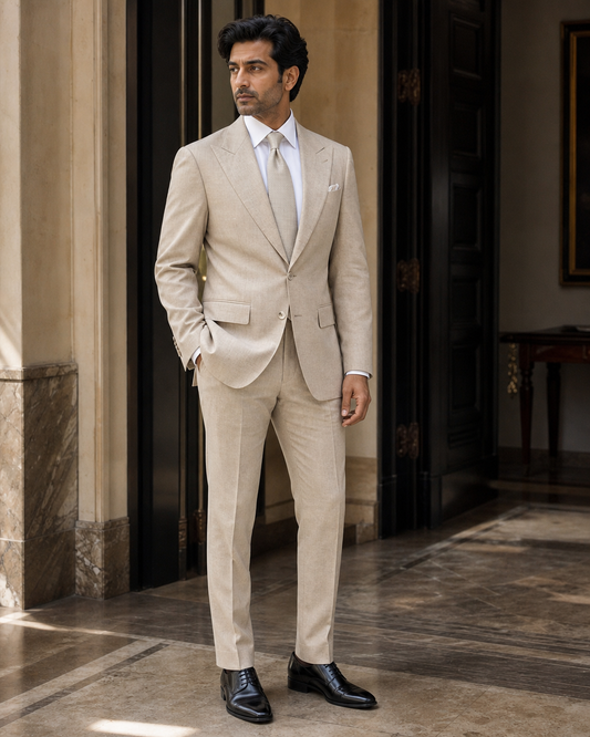 Champagne Linen Summer Suit - Custom Made to Measure side back view