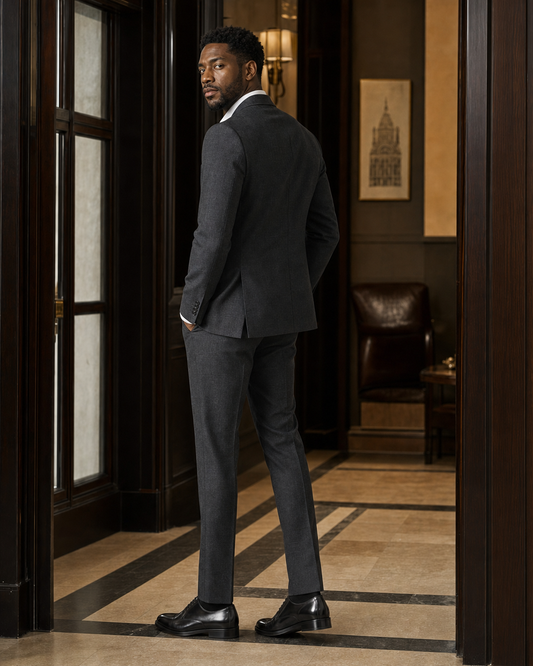 Charcoal Gray Linen Peak Lapel Suit - Custom Made to Measure - Side Back View
