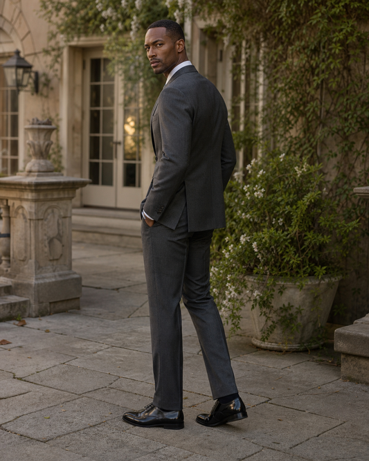 Charcoal Grey Wool Outdoor Wedding Suit — Custom Made to Measure side back view