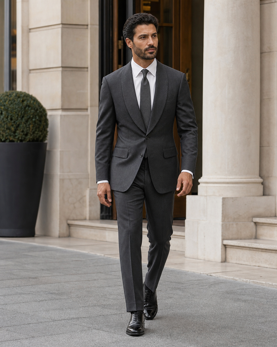Charcoal Grey Wool Shawl Lapel Suit — Custom Made to Measure
