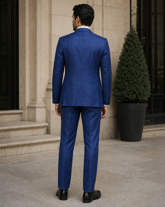 Cobalt Blue Linen Peak Lapel Suit - Custom Made to Measure back view
