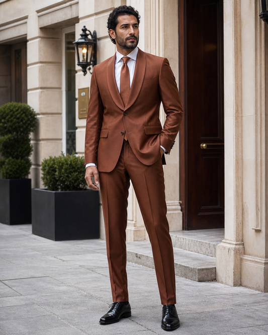 Copper Silk Blend Shawl Lapel Suit - Custom Made to Measure side back view