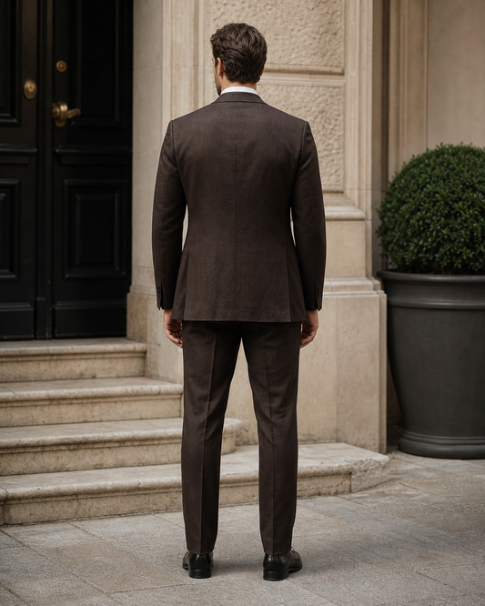 Deep Chocolate Brown Linen Peak Lapel Suit - Custom Made to Measure back view
