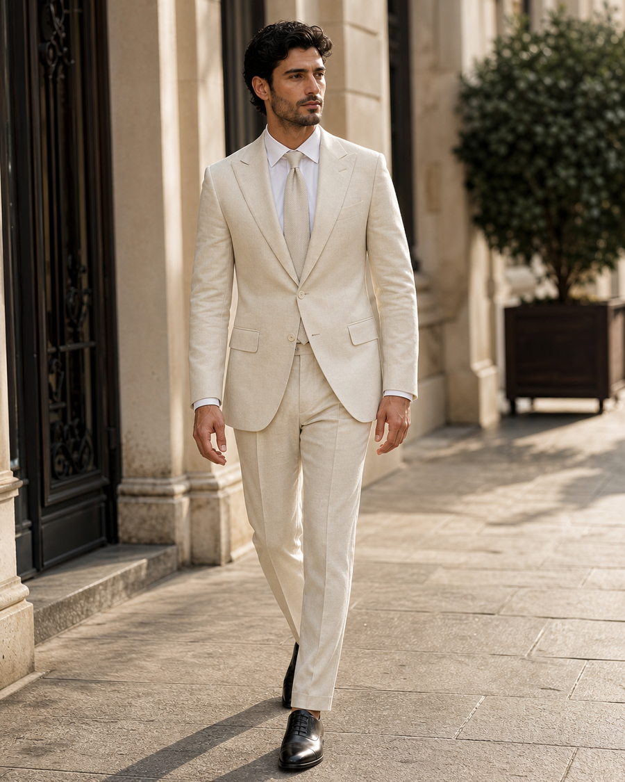 Ecru Linen Peak Lapel Suit — Custom Made to Measure