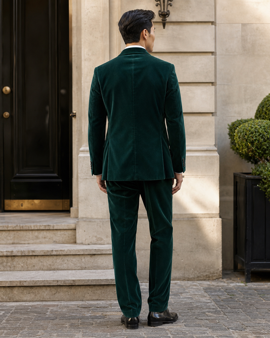 Emerald Green Velvet Shawl Lapel Suit - Custom Made to Measure back view