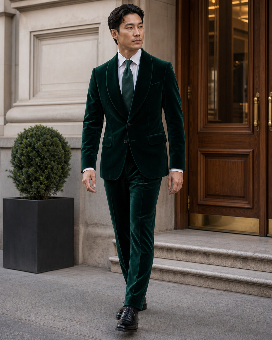 Emerald Green Velvet Shawl Lapel Suit — Custom Made to Measure