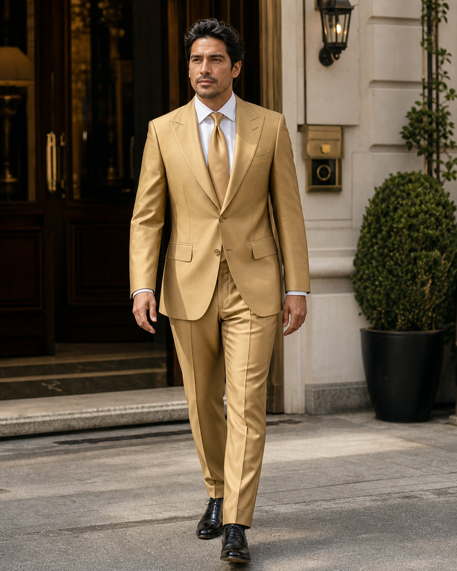 Gold Silk Blend Peak Lapel Suit — Custom Made to Measure