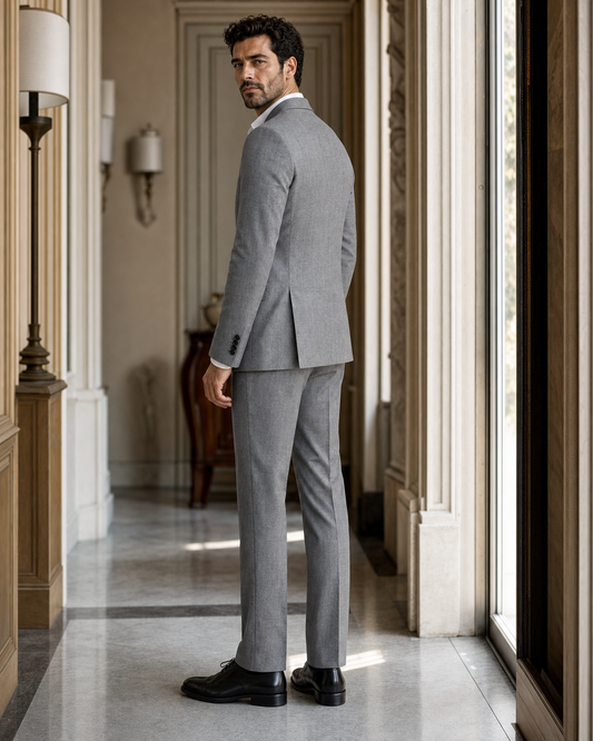 Grey Linen Peak Lapel Suit - Custom Made to Measure - Side Back View