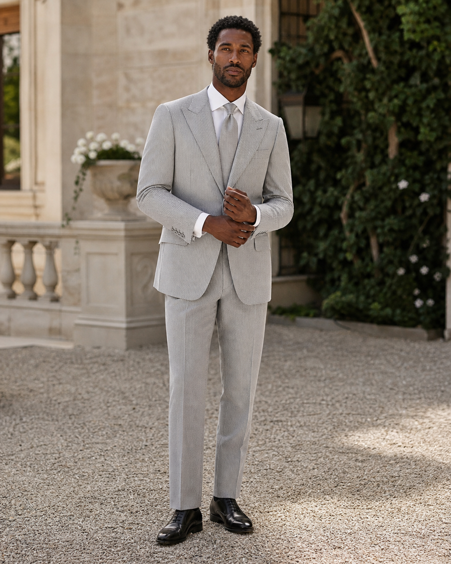 Grey Seersucker Outdoor Wedding Suit — Custom Made to Measure