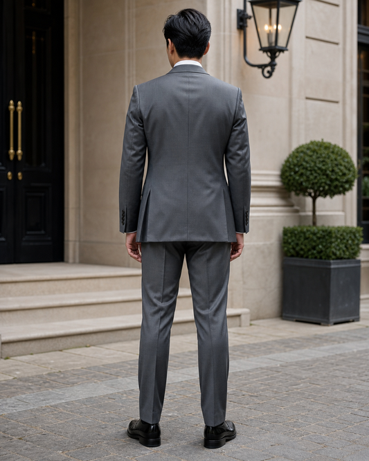 Grey Silk Blend Peak Lapel Suit - Custom Made to Measure back view