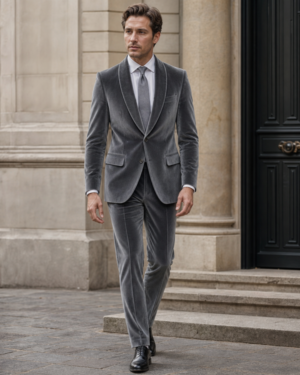 Grey Velvet Shawl Lapel Suit — Custom Made to Measure