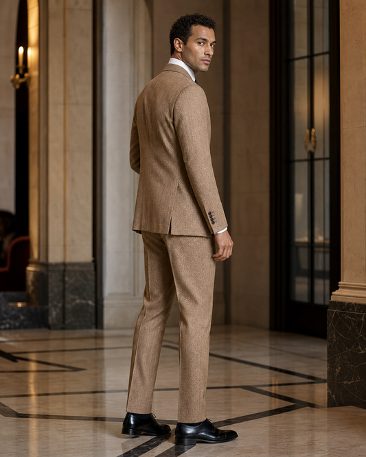 Honey Herringbone Winter Suit - Custom Made to Measure side back view
