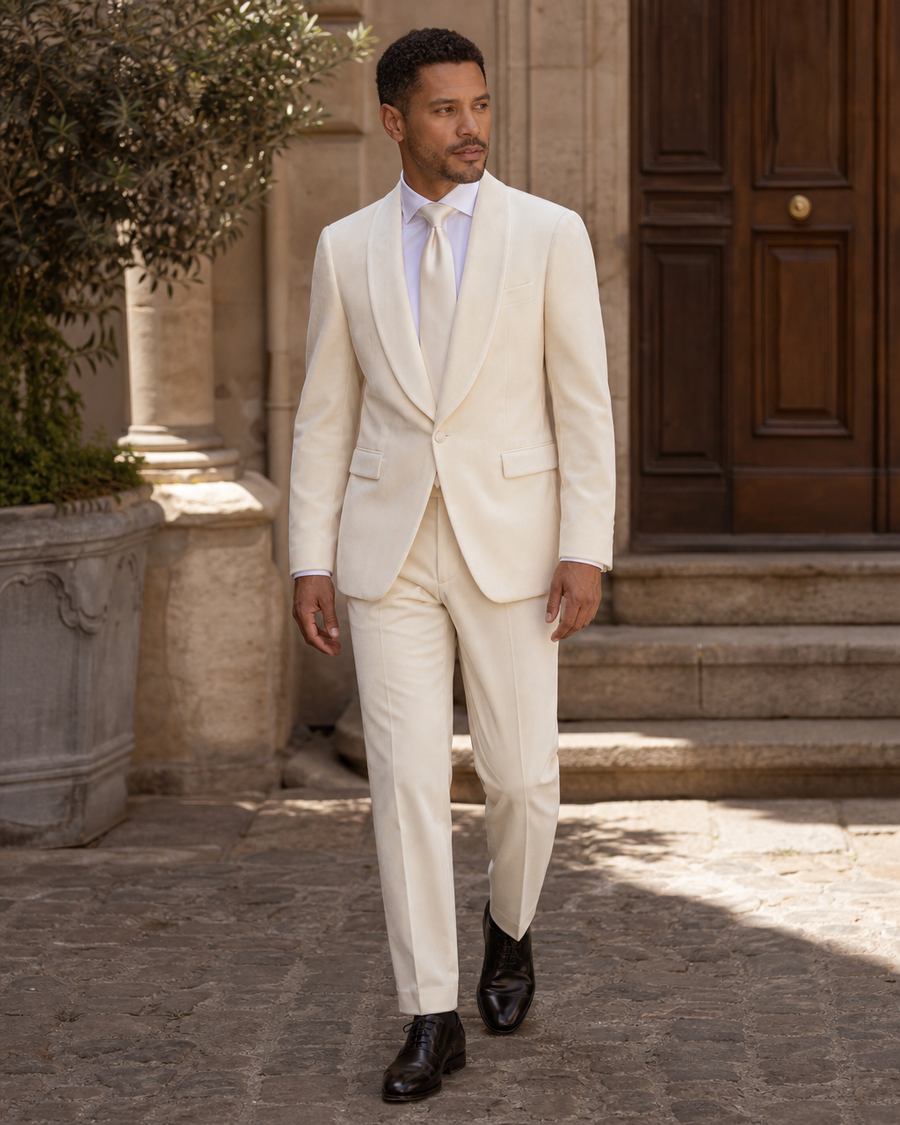 Ivory Velvet Shawl Lapel Suit — Custom Made to Measure