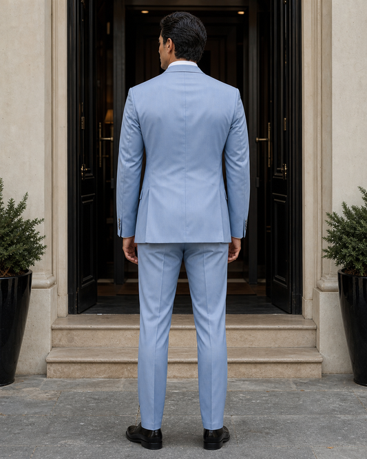 Light Blue Silk Blend Peak Lapel Suit - Custom Made to Measure back view