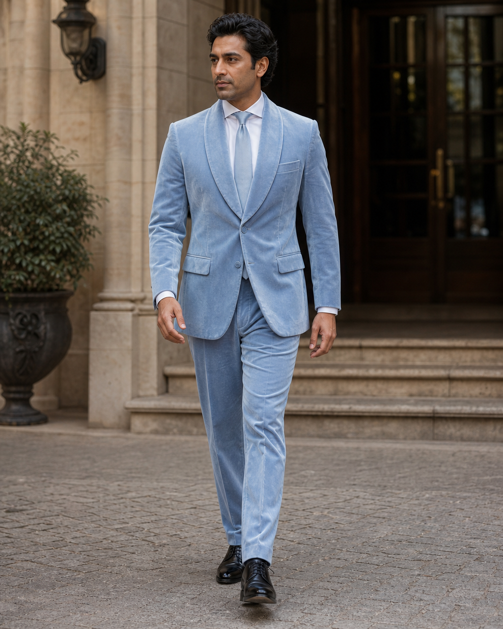 Light Blue Velvet Shawl Lapel Suit — Custom Made to Measure