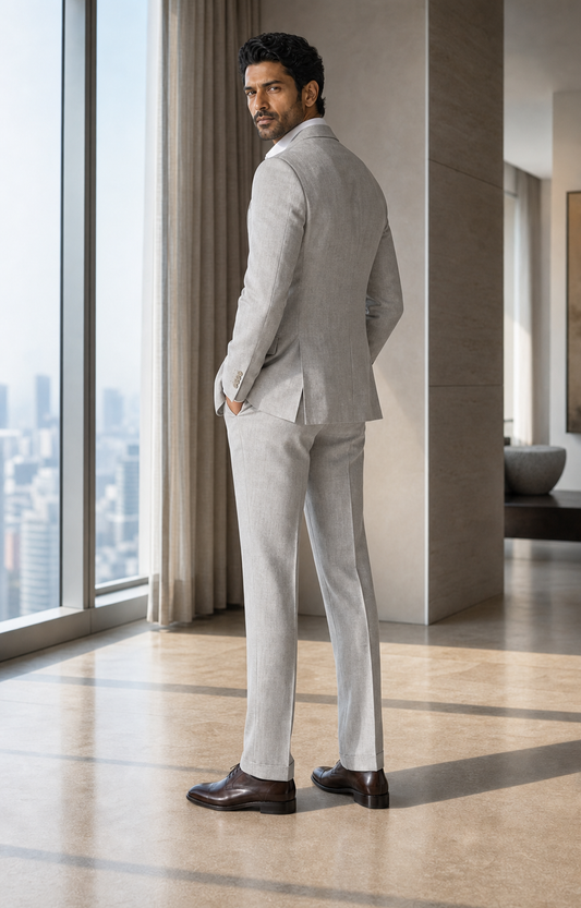 Light Gray Linen Peak Lapel Suit - Custom Made to Measure - Side Back View