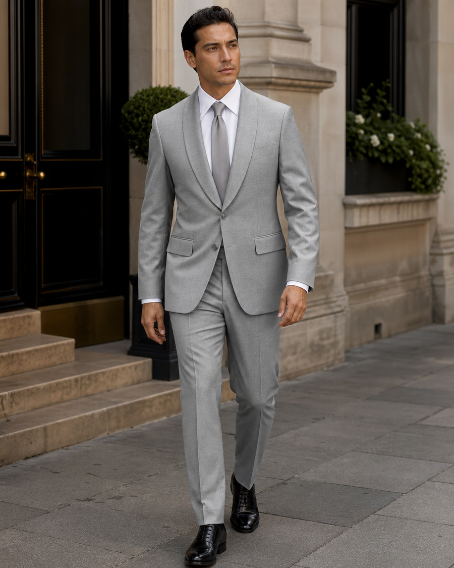 Light Grey Wool Shawl Lapel Suit — Custom Made to Measure