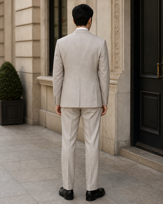 Light Taupe Linen Peak Lapel Suit - Custom Made to Measure back view