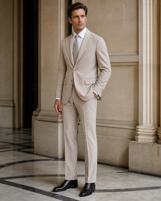 Light Taupe Seersucker Summer Suit - Custom Made to Measure side back view