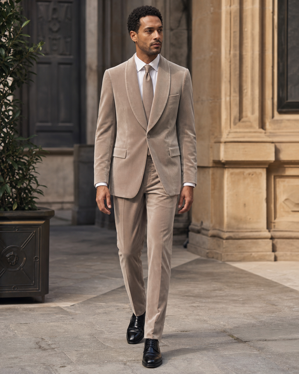 Light Taupe Velvet Shawl Lapel Suit — Custom Made to Measure