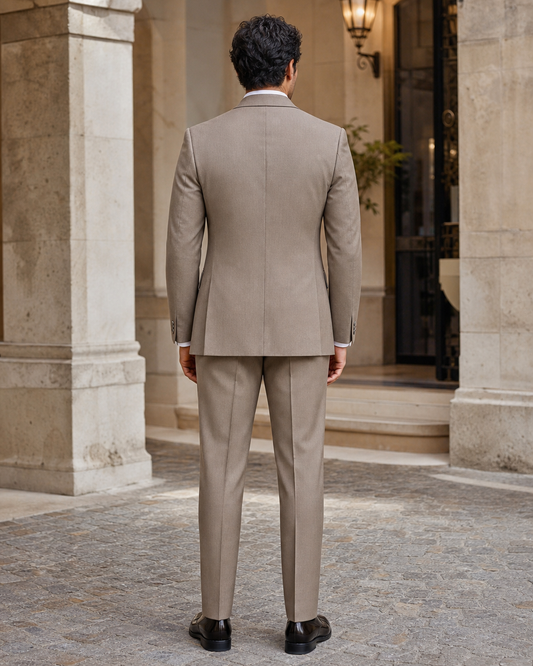 Light Taupe Wool Shawl Lapel Suit - Custom Made to Measure back view