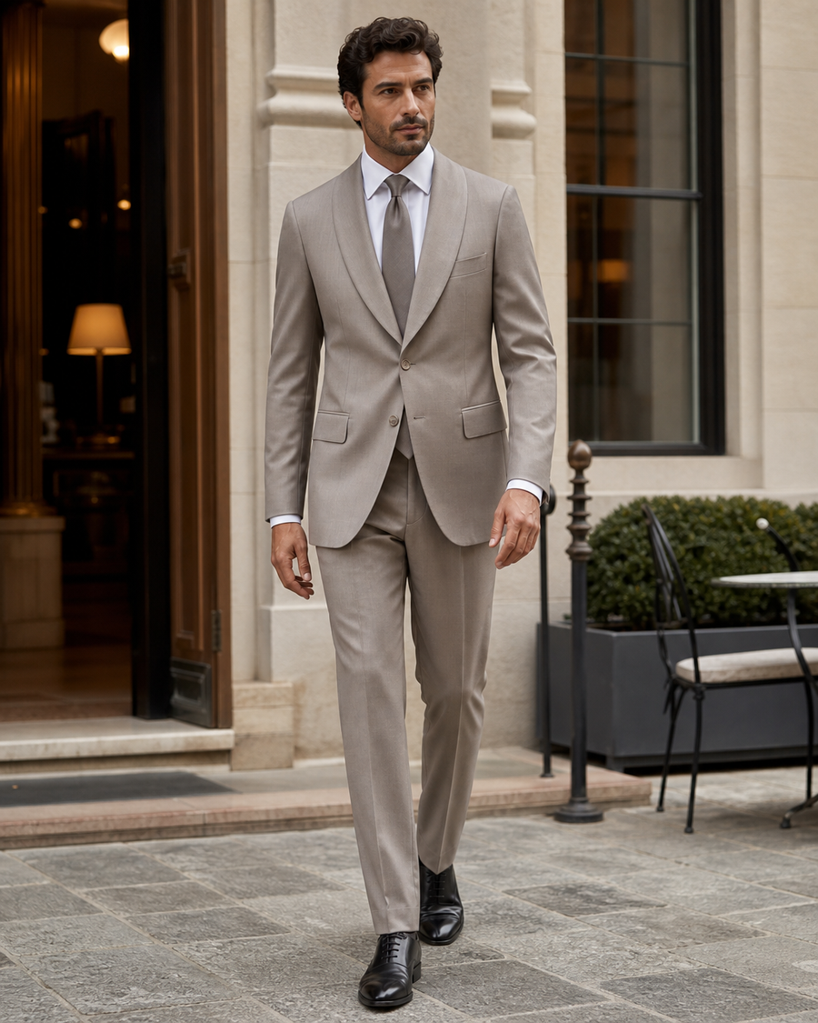 Light Taupe Wool Shawl Lapel Suit — Custom Made to Measure