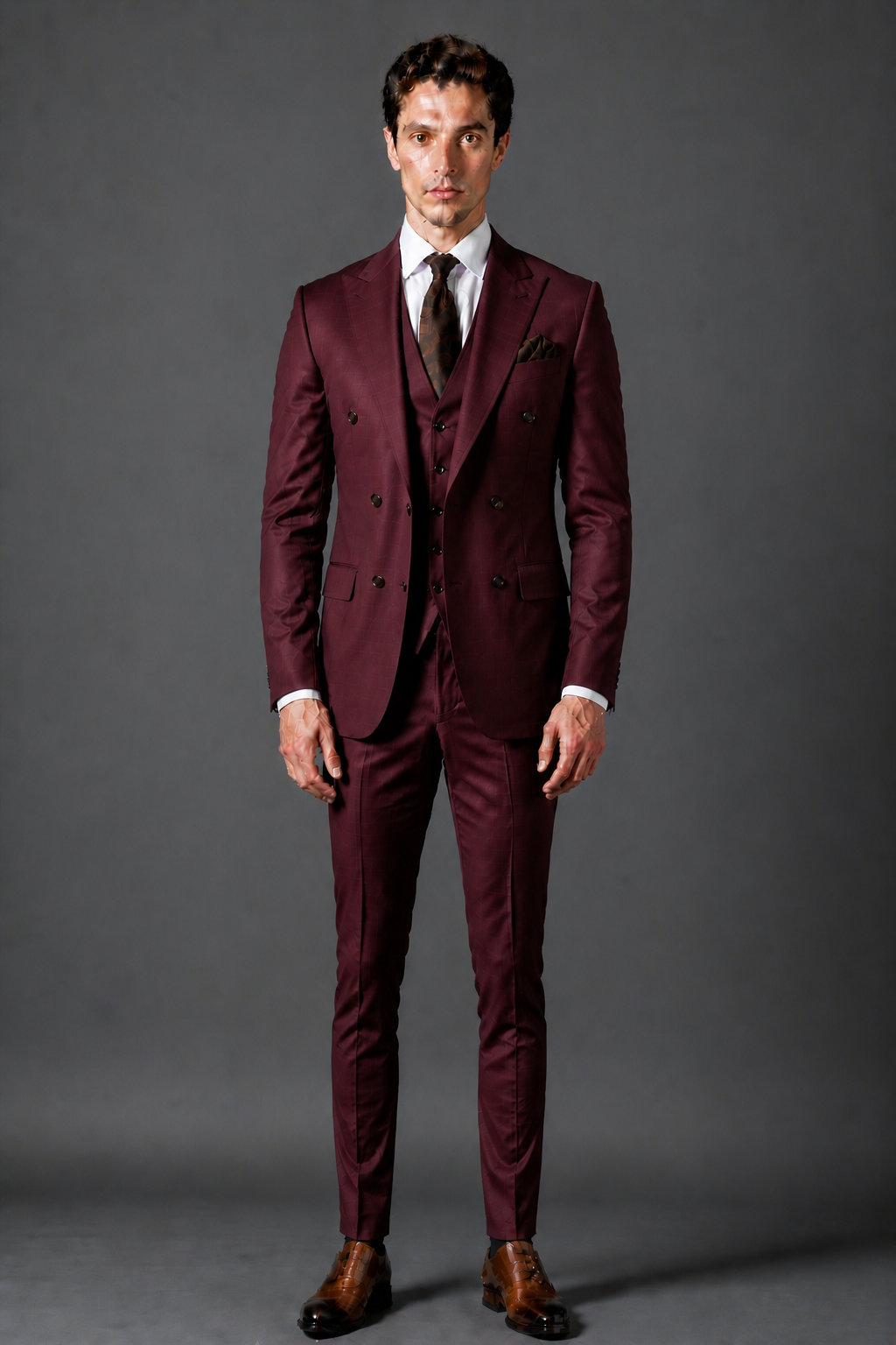 Maroon Silk Blend Double Breasted Suit — Custom Made to Measure