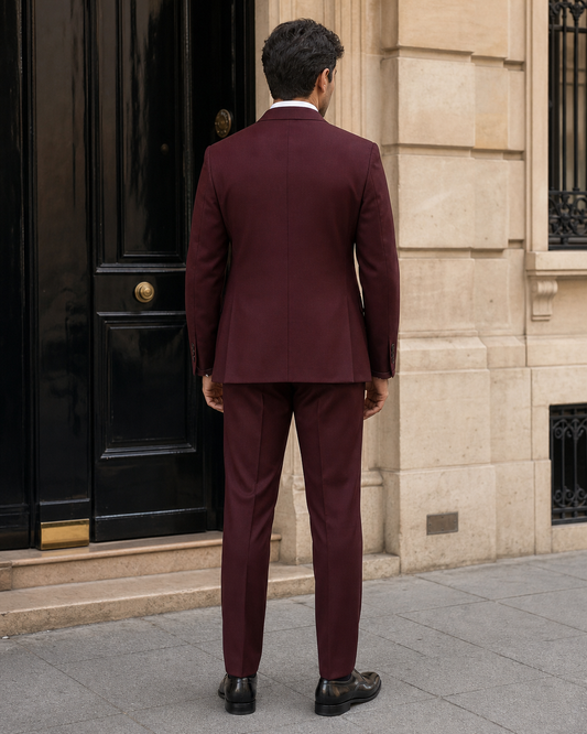 Maroon Silk Blend Peak Lapel Suit - Custom Made to Measure back view