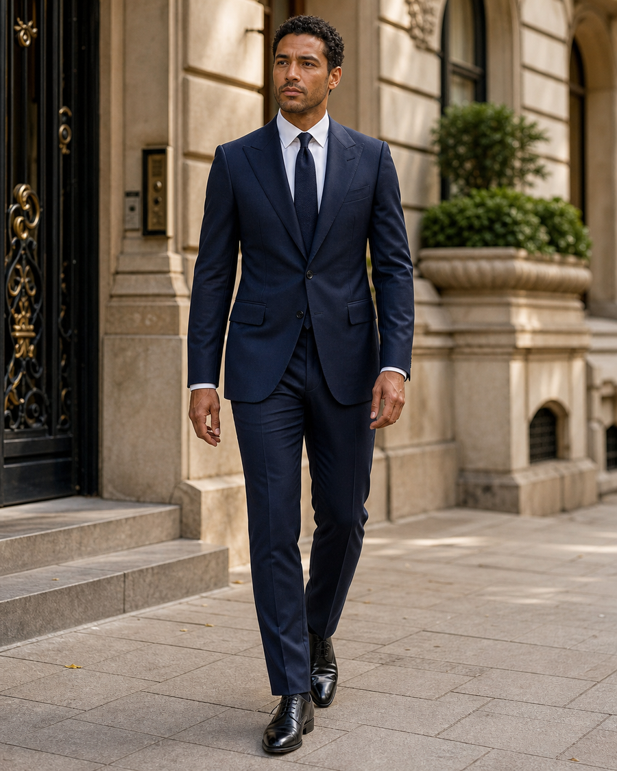 Midnight Blue Silk Blend Peak Lapel Suit — Custom Made to Measure