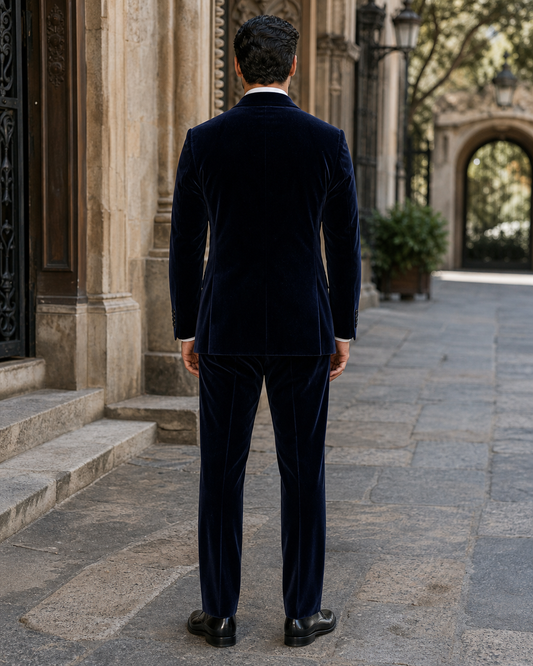 Midnight Blue Velvet Shawl Lapel Suit - Custom Made to Measure back view