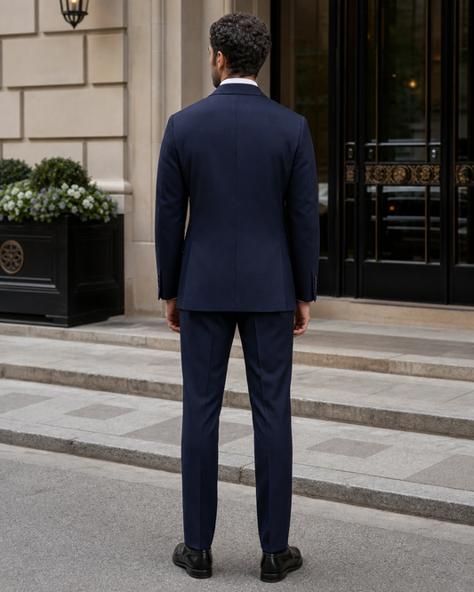 Midnight Blue Wool Shawl Lapel Suit - Custom Made to Measure back view