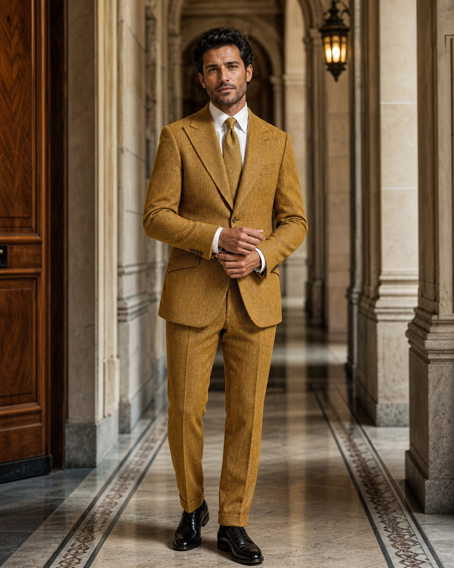 Mustard Herringbone Winter Suit — Custom Made to Measure