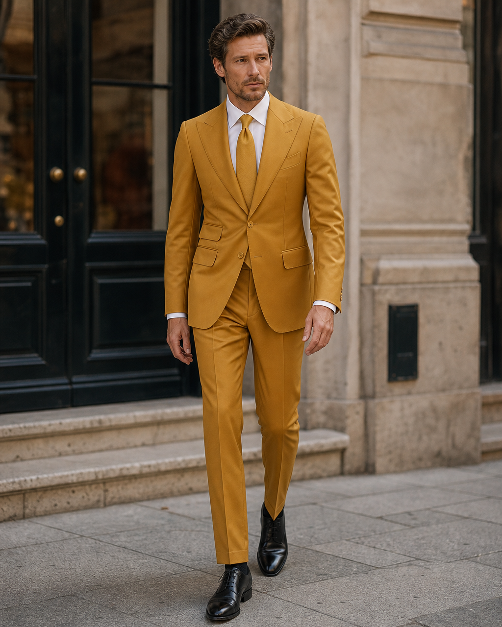 Mustard Silk Blend Peak Lapel Suit — Custom Made to Measure