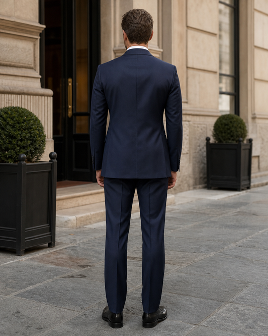 Navy Blue Silk Blend Peak Lapel Suit - Custom Made to Measure back view