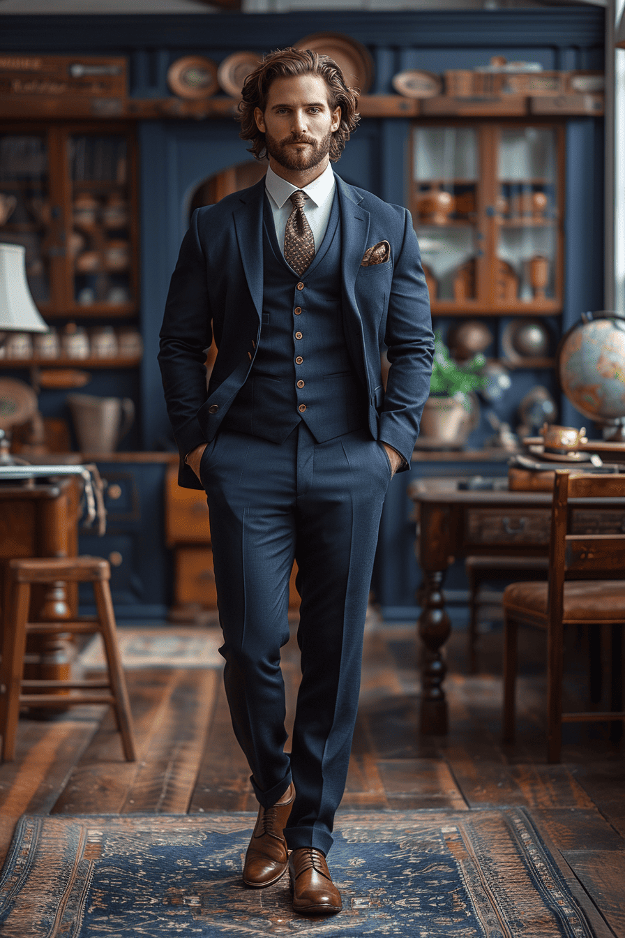 Navy Blue Silk Blend Cocktail Party Suit — Custom Made to Measure