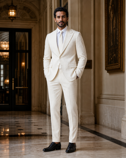 Off-White Seersucker Beach Wedding Suit - Custom Made to Measure side back view