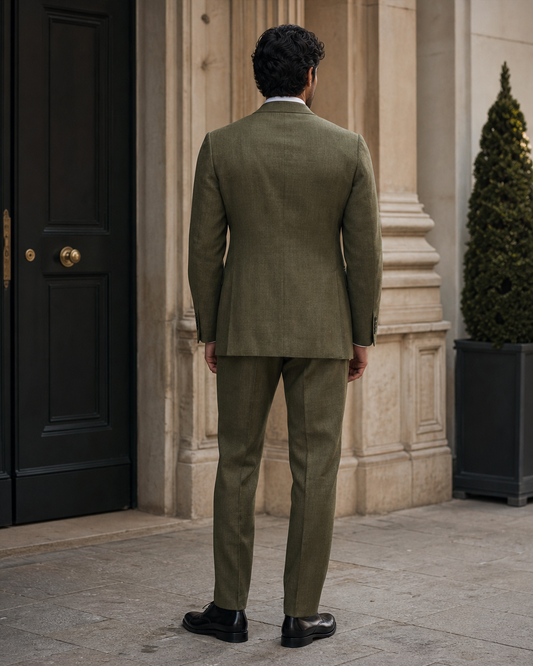 Olive Linen Peak Lapel Suit - Custom Made to Measure back view