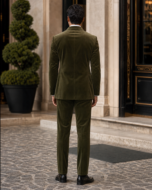 Olive Velvet Shawl Lapel Suit - Custom Made to Measure back view
